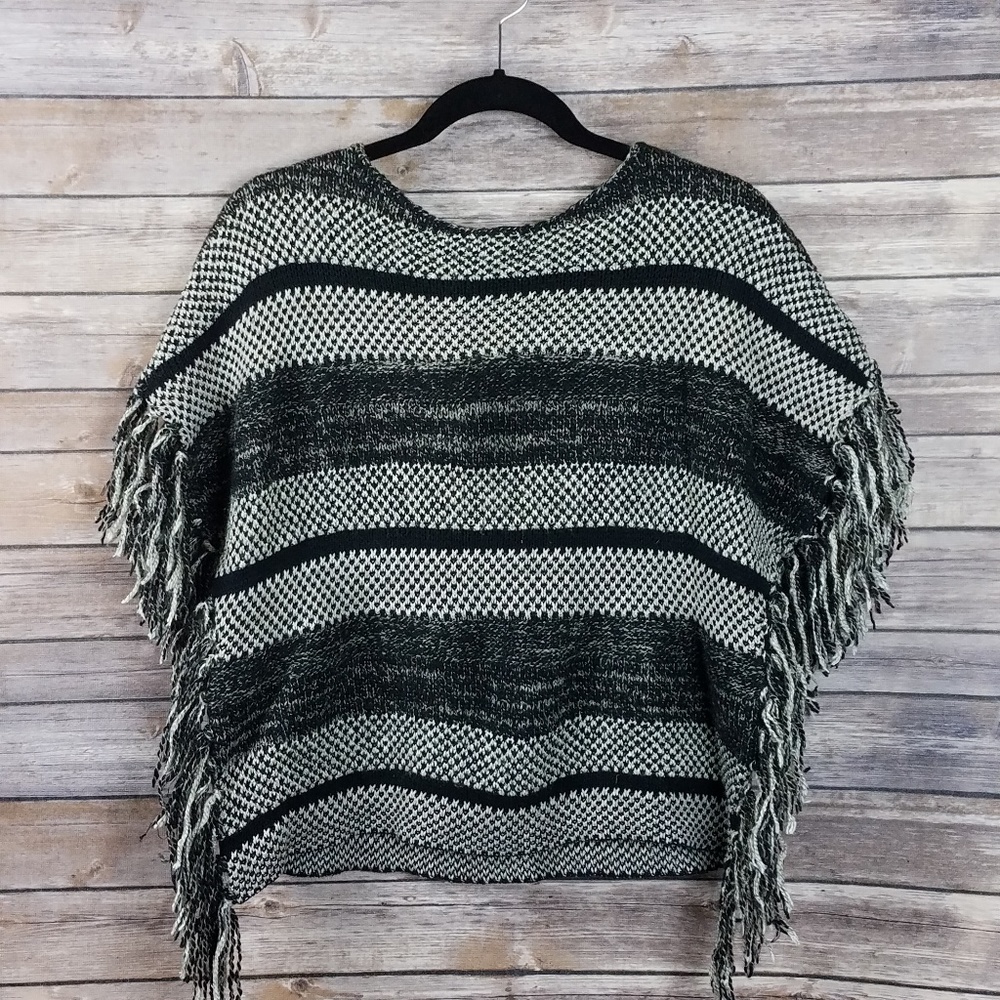 Lucky brand boho sweater S black fringe stripes